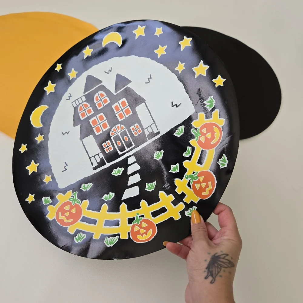 Vtg 80s Vinyl Halloween Placemats Black Cat Spooky Ghost Vinyl Nostalgia Round‎